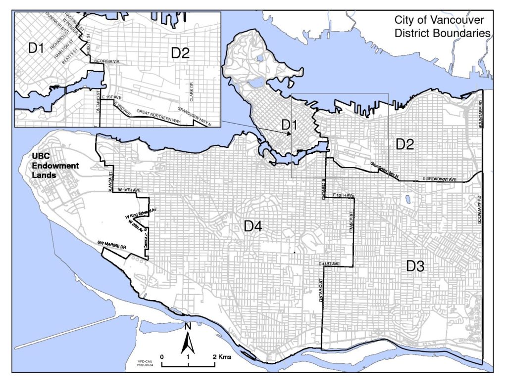 Map of four police districts in Vancouver